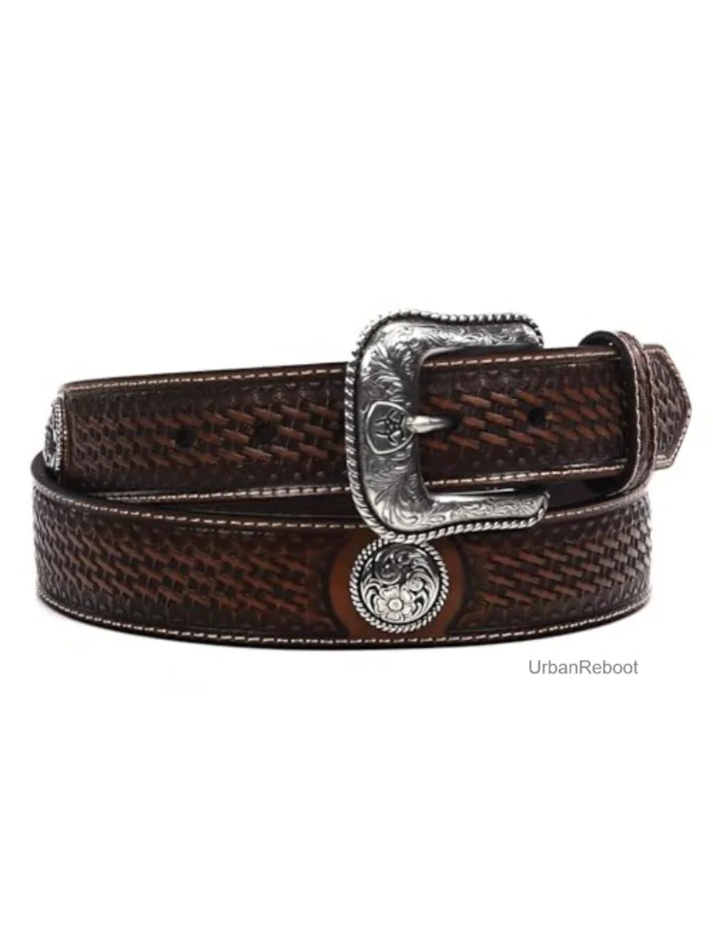 Western Leather Belt with Removable Silver Buckle and Floral Conchos
